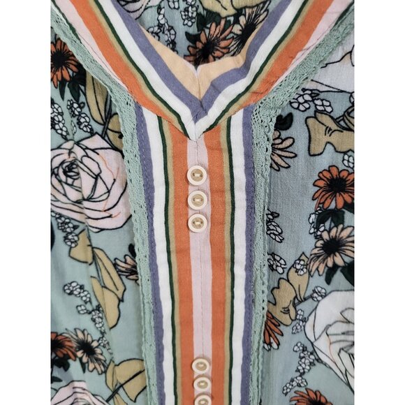 DEMOCRACY Women's SZ LG Floral Striped 3/4 Kimono Sleeve V-Neck Flowy Tunic Top - Picture 5 of 9